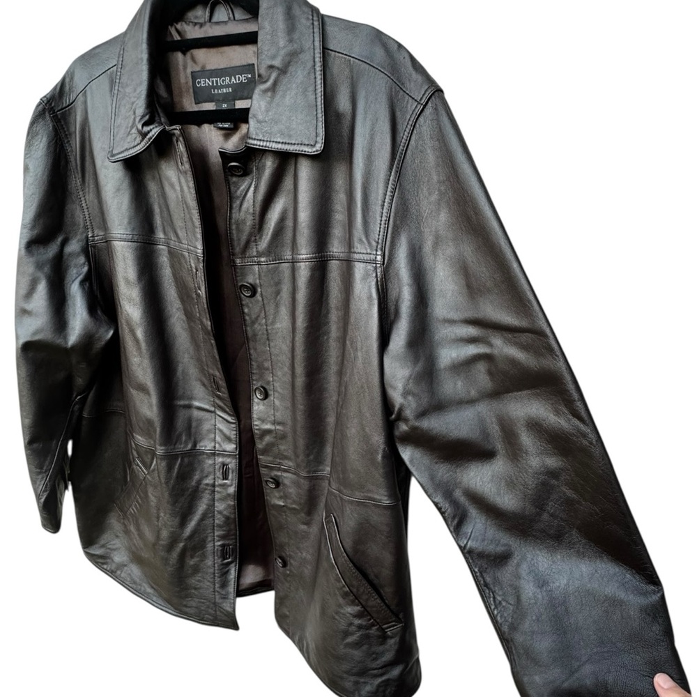 Leather Brown Button-Front Coat size 2X - Picture 4 of 12